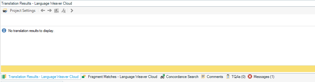 Trados Studio screenshot showing 'No translation results to display' in the Translation Results panel with a warning message icon indicating 1 message.