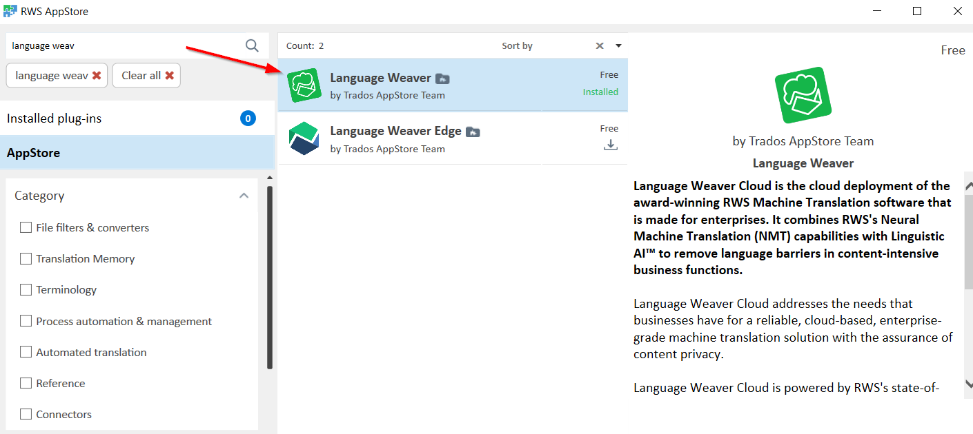 Screenshot of Trados Studio's RWS AppStore showing a search for 'language weaver' with two results: 'Language Weaver' and 'Language Weaver Edge', both installed and marked as free.