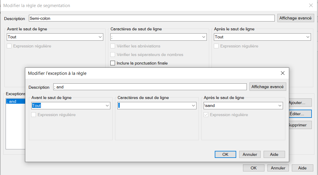 Screenshot of a segmentation rule editor in French. The rule is for semicolons, with an exception for semicolon followed by 'and'. Options for line breaks and regular expressions are visible.