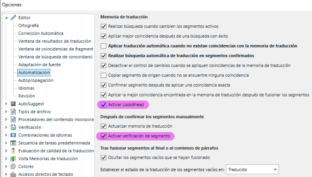 Trados Studio 2022 settings window showing options under 'Automatizaci n' with 'Activar LookAhead' checked and 'Activar verificaci n de segmento' checked under 'Despu s de confirmar los segmentos manualmente'.