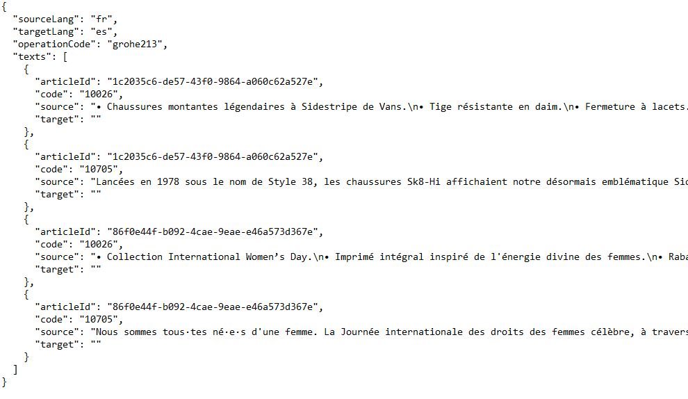 Screenshot of a JSON file with source text in French and empty target fields for translation.
