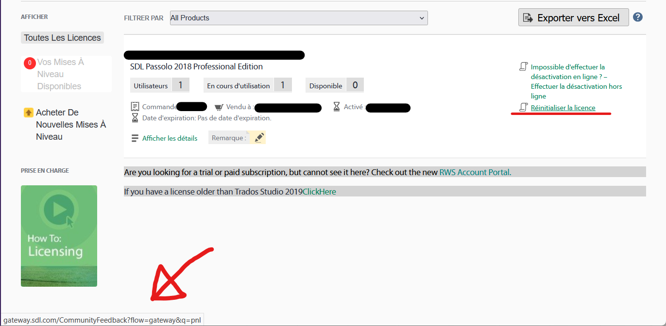 Screenshot of the SDL Passolo 2018 Professional Edition license page showing one user, zero available licenses, and a red arrow pointing to the 'Reinitialiser la licence' link.