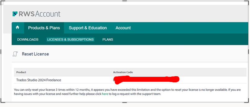 RWS Account Reset License page with a warning message stating the license reset limit has been exceeded and the reset option is no longer available.