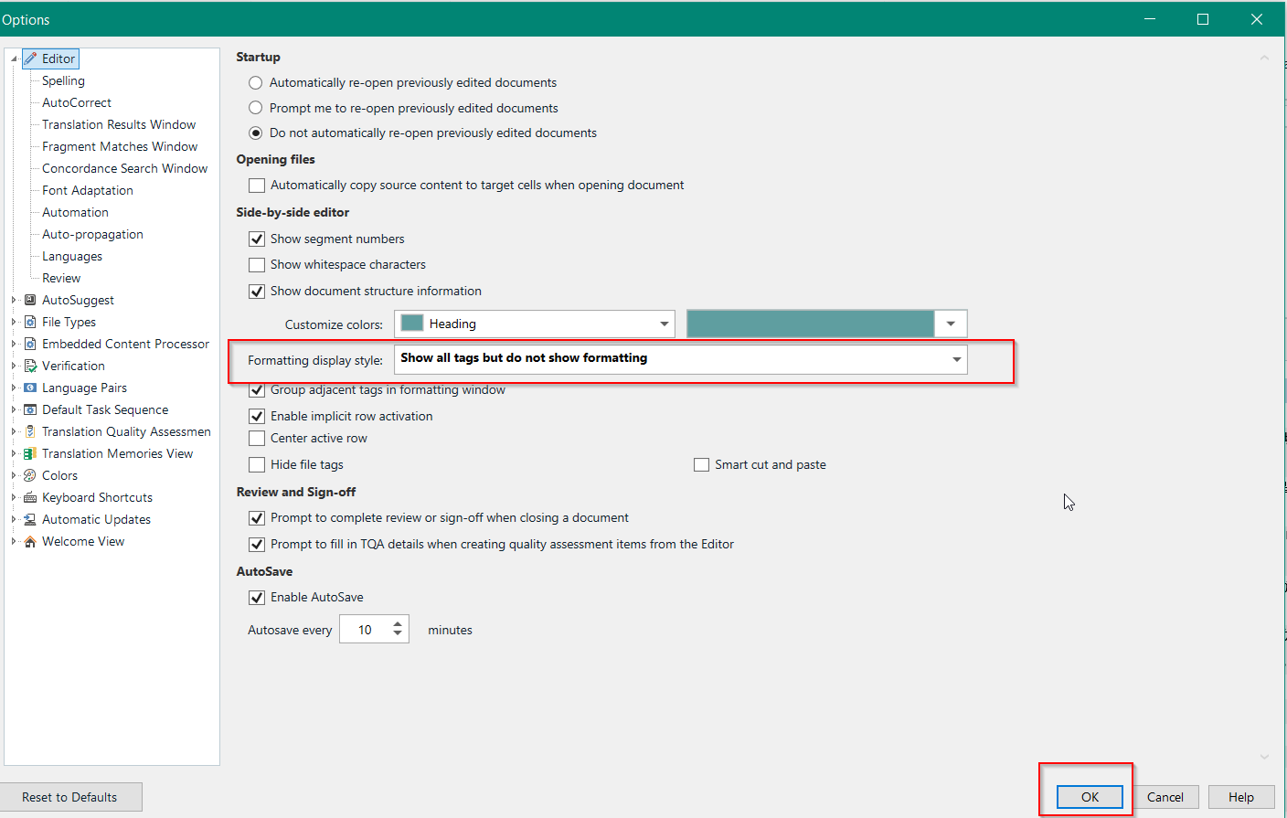 Trados Studio 'Options' menu under 'Editor' settings with 'Formatting display style' dropdown menu highlighted, set to 'Show all tags but do not show formatting'.