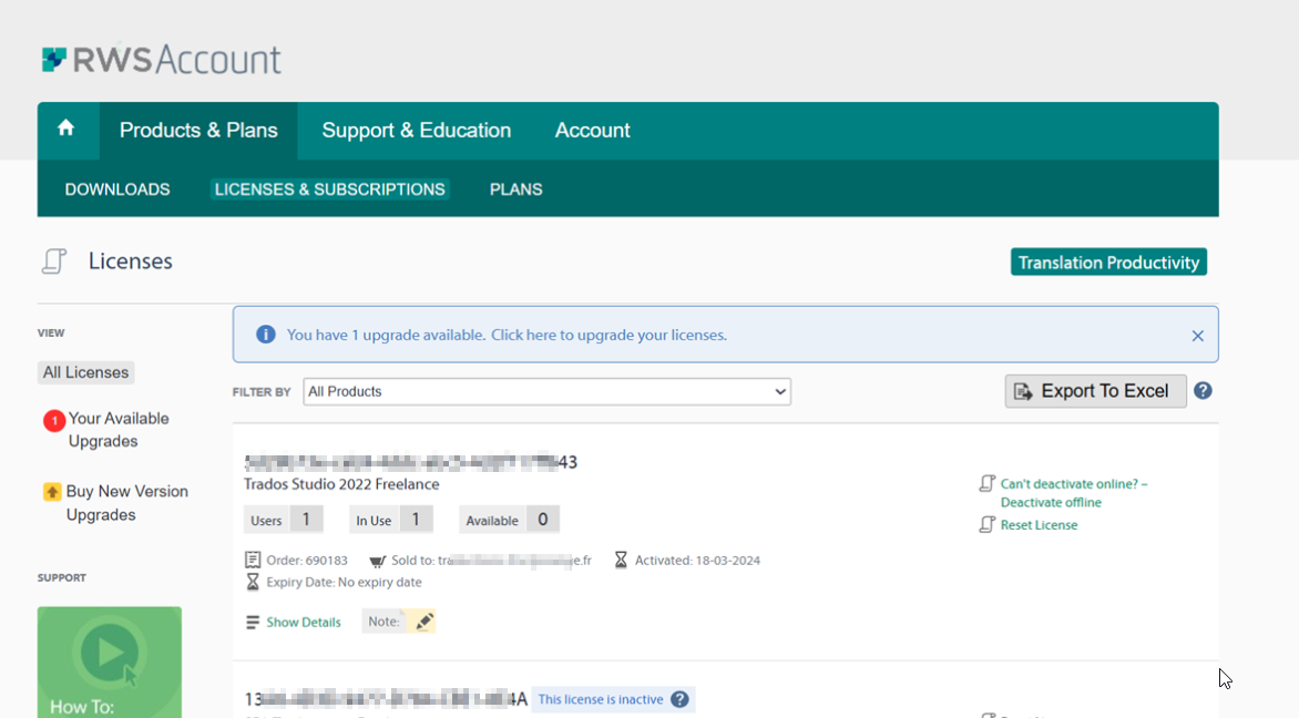 Screenshot of RWS Account Licenses page showing a notification for an available upgrade, a list of licenses with one named 'Trados Studio 2022 Freelance' showing 1 user, 1 in use, 0 available, and a note that 'This license is inactive'.