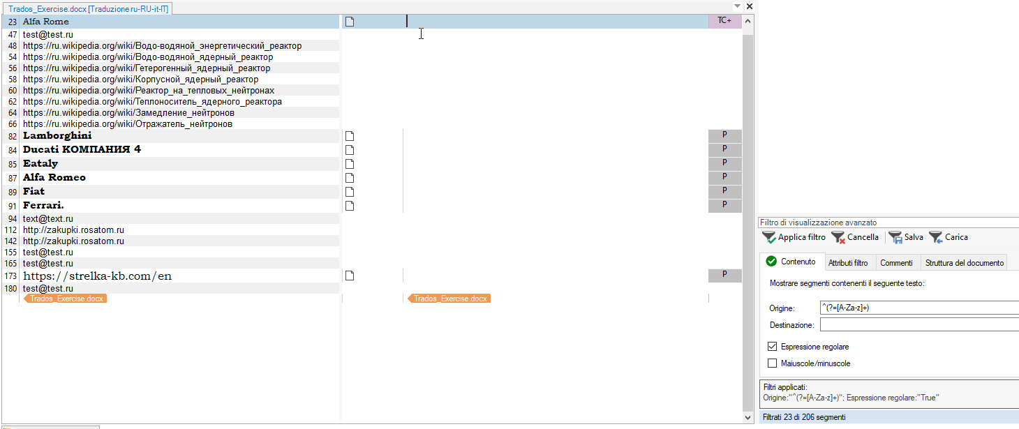 Screenshot of Trados Studio document with a list of links and Italian car brand names like Lamborghini and Ferrari.