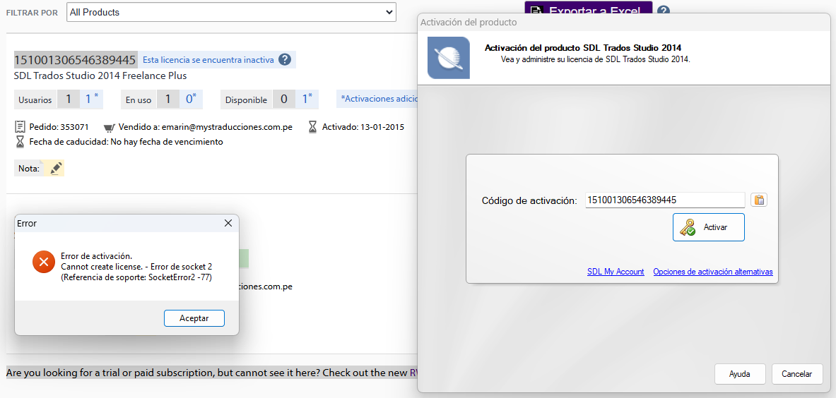 License details for SDL Trados Studio 2014 Freelance Plus showing inactive status, activation error message with socket error 2, and activation code input field.