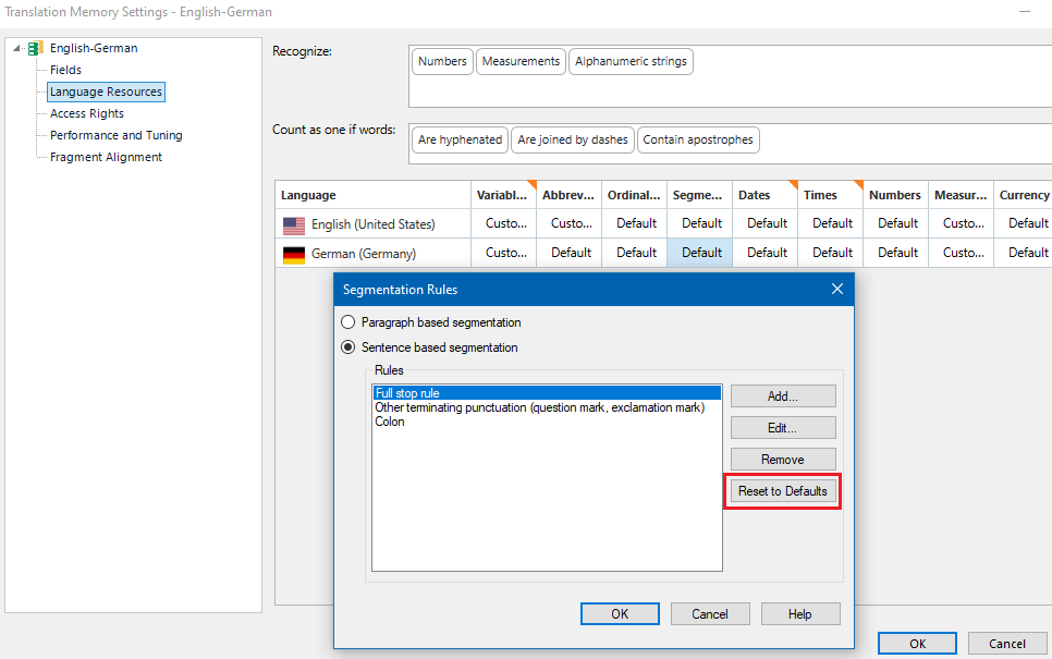 Trados Studio Translation Memory Settings window showing Language Resources selected, with Segmentation Rules dialog open and Reset to Defaults button highlighted in red.