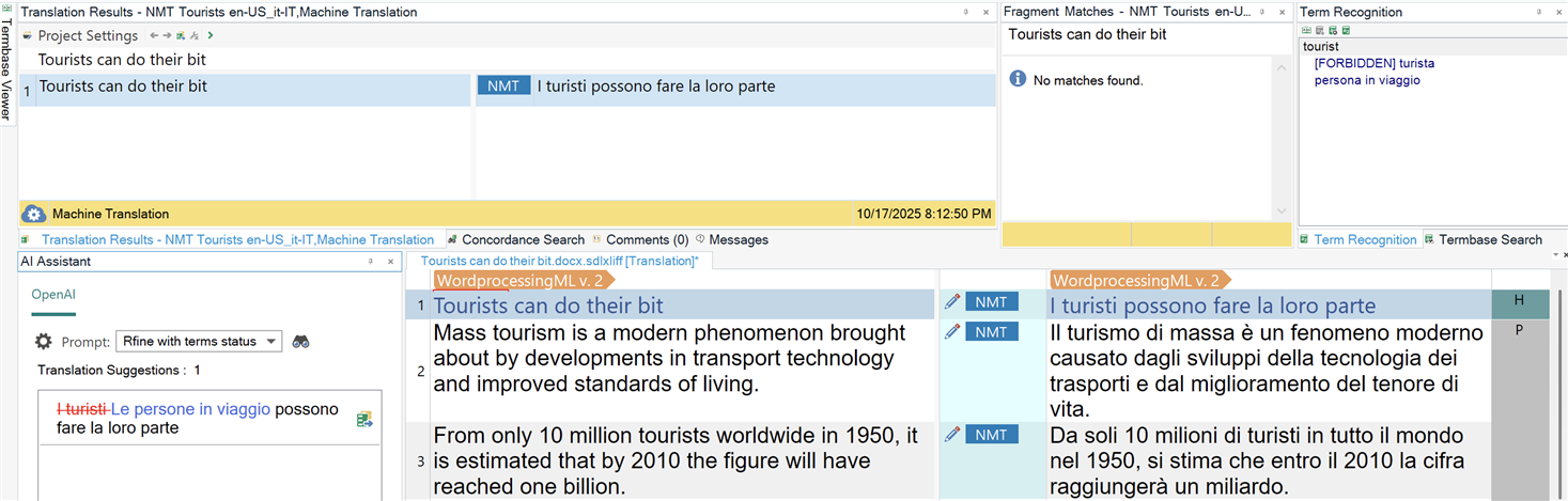 A screenshot of a translation interface showing the source sentence 'Tourists can do their bit' translated to Italian as 'Le persone in viaggio possono fare la loro parte'. The term 'turista' is replaced with 'persona in viaggio'.