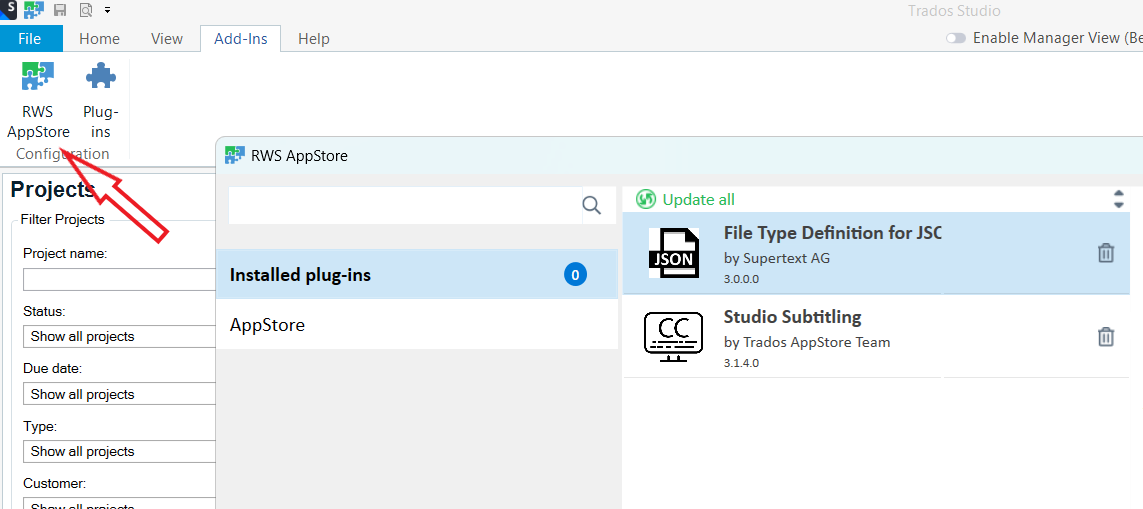 Screenshot of Trados Studio interface showing the 'Add-Ins' ribbon with 'RWS AppStore' selected. A red arrow points to 'Installed plug-ins' with a count of 0. Two plug-ins are listed: 'File Type Definition for JSC' and 'Studio Subtitling'.