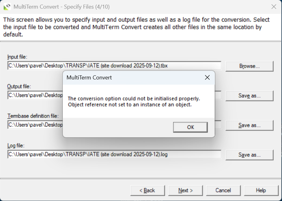 MultiTerm Convert error message: 'The conversion option could not be initialised properly. Object reference not set to an instance of an object.' displayed over the Specify Files screen.
