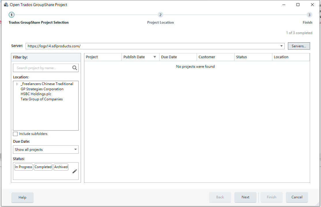 Screenshot of Trados GroupShare Project Selection in Studio 2021 with an empty project list and a message stating 'No projects were found'.