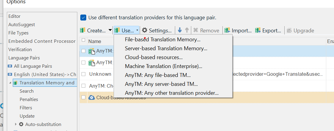 SDL Trados software options menu showing Translation Memory and Search settings with various translation provider options.
