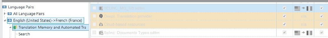 Screenshot of Trados Studio showing English (United States) to French (France) language pair with Translation Memory and Automated Translation settings.