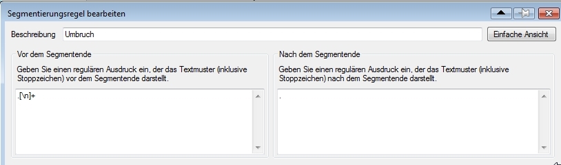 Trados Studio segmentation rules interface with a rule input field containing '.n+.' before the segment end and a dot symbol after the segment end.