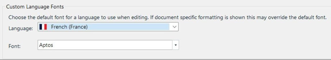 Screenshot of Trados Studio's Custom Language Fonts setting for French (France) with 'Aptos' selected as the font.