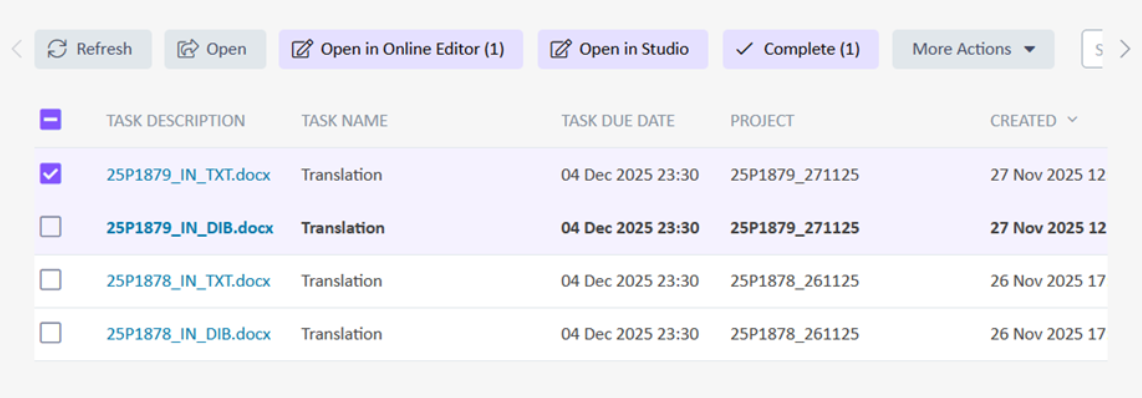 Screenshot of a task management interface showing a list of tasks with columns for task description, task name, due date, project, and creation date. The 'Open in Online Editor' and 'Open in Studio' buttons are visible at the top. One task is selected, and the 'Complete' button is highlighted.