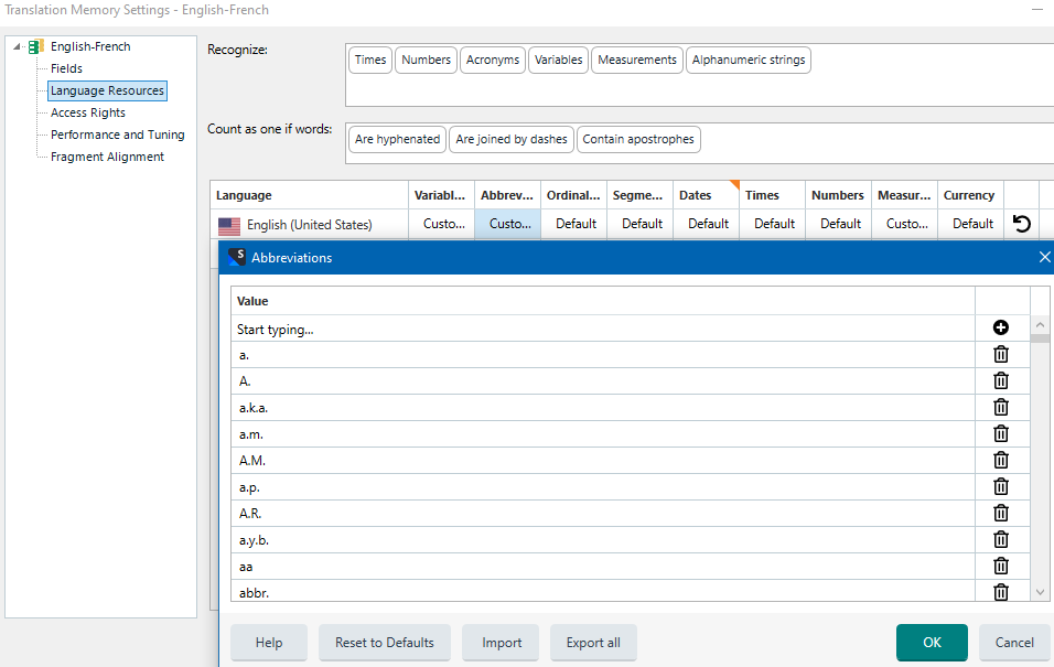 Trados Studio Translation Memory Settings window showing Language Resources tab with Abbreviations list for English (United States).
