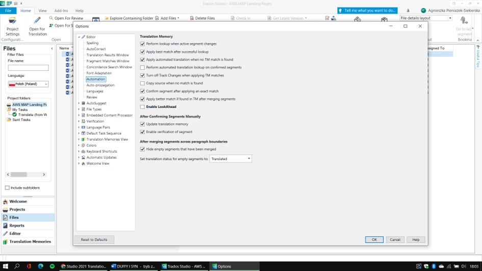Screenshot of Trados Studio showing the Options menu with Translation Memory settings, no visible errors or warnings.