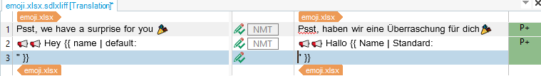 Screenshot showing the translation of two sentences containing emoji's in Trados Studio.