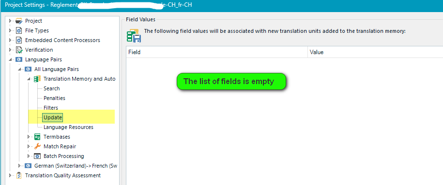 Screenshot of the Project Settings window in Trados Studio, showing the 'Update' section under 'Translation Memory and Automated Translation'. A green message reads 'The list of fields is empty'.