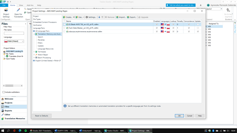 Screenshot of Trados Studio Project Settings with Translation Memory and Automated Translation settings, no visible errors or warnings.