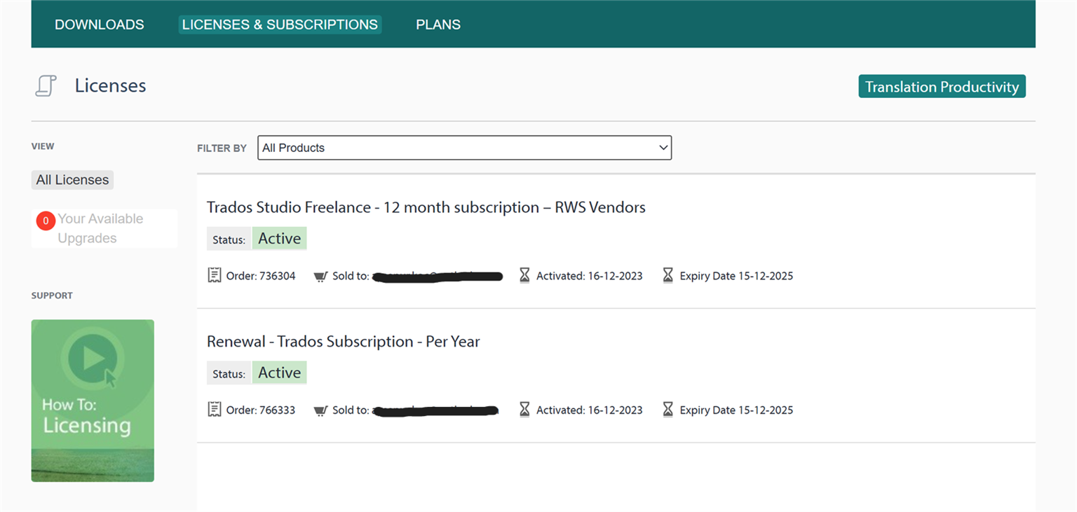 Licenses and Subscriptions page showing two active licenses: Trados Studio Freelance 12-month subscription and Renewal Trados Subscription Per Year, both activated on 16-12-2023.