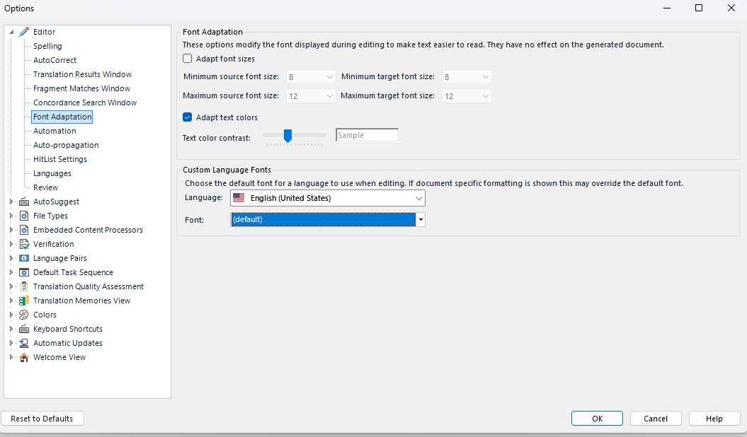 Trados Studio options window showing Font Adaptation settings, including font size ranges, text color contrast, and custom language fonts with English (United States) selected.