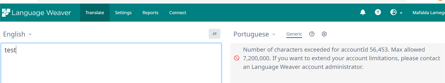 Language Weaver interface showing an error message: Number of characters exceeded for accountId 56,453. Max allowed 7,200,000. Contact Language Weaver account administrator.