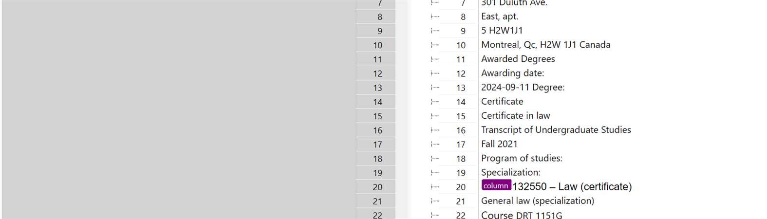 Screenshot of a document with numbered lines, showing text related to personal information and academic records, with no visible errors or warnings.