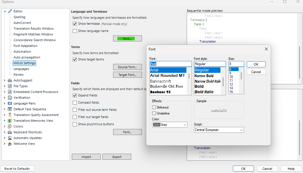 Trados Studio options window under Hitlist Settings, with a Font dialog open showing font options like Arial, font styles, sizes, effects, and a sample preview.
