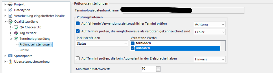 Screenshot of Trados Studio QA Checker settings with focus on terminology verification options, showing 'outdated' status selected.