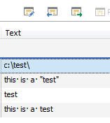 Trados Studio screenshot displaying the 'Text' section with four lines of text demonstrating the use of quotes and escape sequences in a file path and sentences.