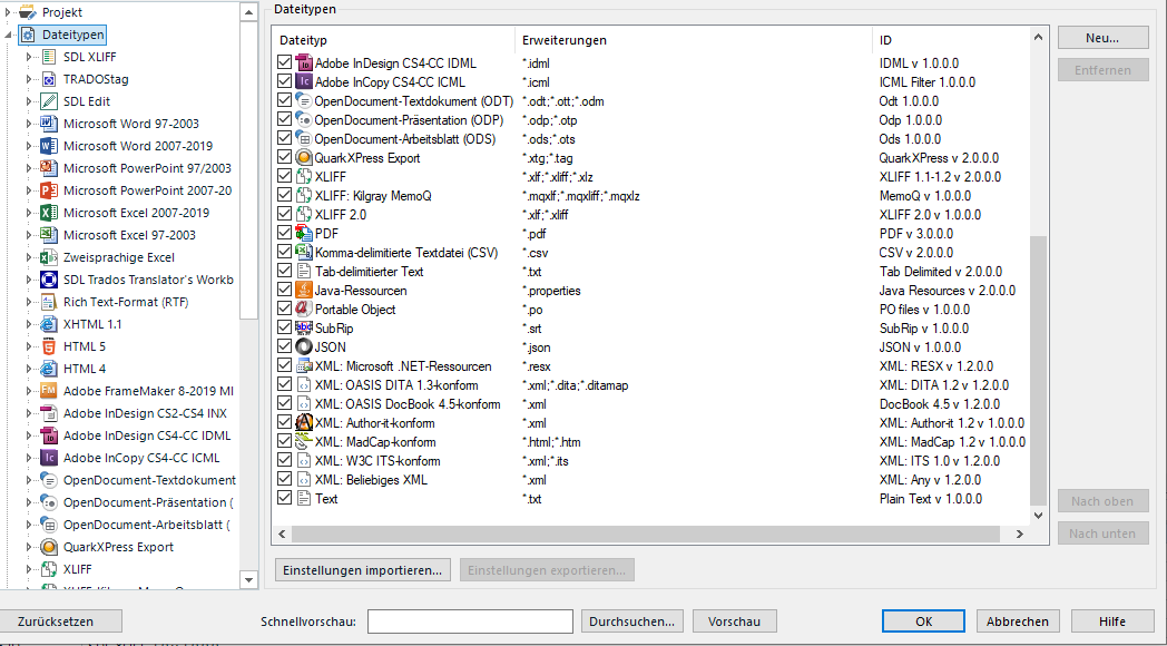 Screenshot of Trados Studio project settings showing a list of file types and their extensions, with XML file types highlighted.