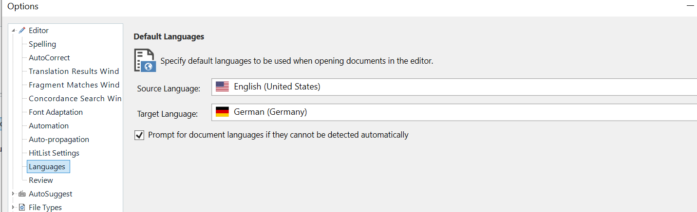 Trados Studio options window showing Default Languages settings. Source Language is set to English (United States), Target Language is set to German (Germany), and a checkbox is selected to prompt for document languages if they cannot be detected automatically.