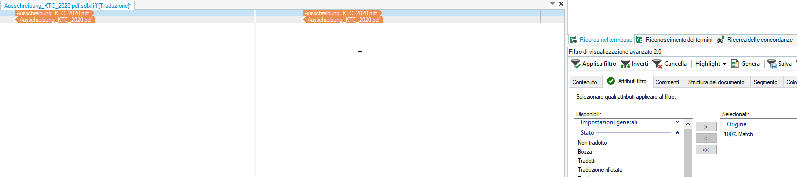Screenshot of Trados Studio interface with an empty editing pane and a filter settings sidebar showing advanced display filter 2.0 with no filter applied.