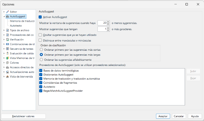 Settings page of the RWS AppStore application showing AutoSuggest options, including activation, suggestion limits, and provider selection.