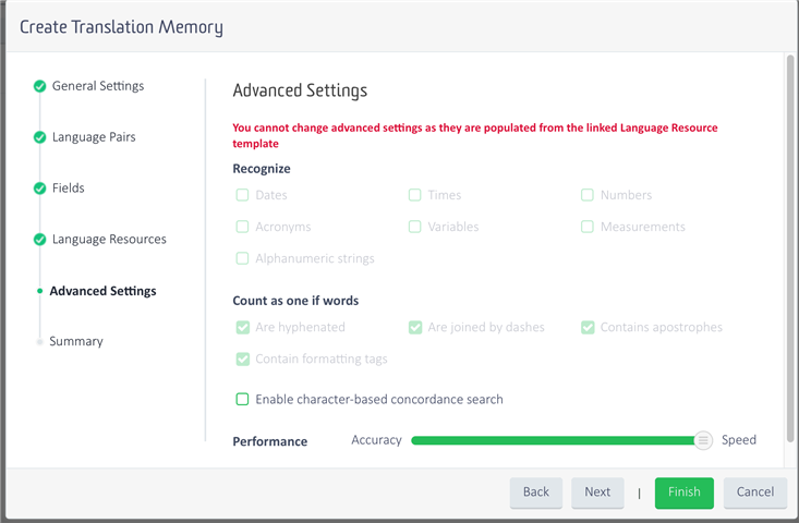 Screenshot of Groupshare 2017SR1 CU09 showing the 'Create Translation Memory' window with 'Advanced Settings' tab selected. A warning message states 'You cannot change advanced settings as they are populated from the linked Language Resource template'. Options to recognize dates, times, numbers, acronyms, variables, alphanumeric strings, and measurements are visible but not selectable.