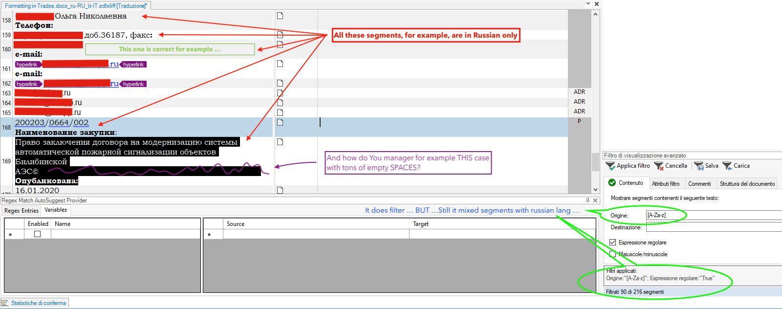 Screenshot of Trados Studio showing segments in Russian with red arrows pointing to them and a comment about Russian only segments. Advanced filter settings visible with 'A-Za-z' input for filtering.