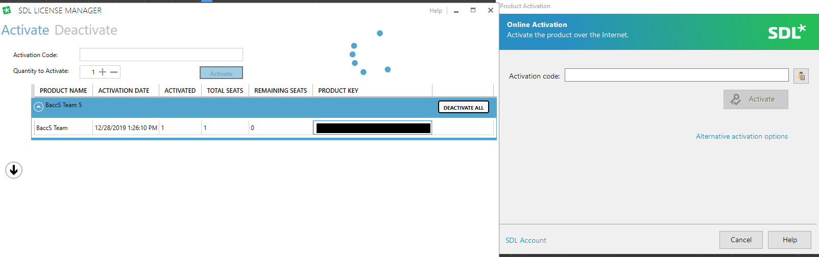 SDL License Manager window showing a product named 'BaccS Team 5' activated on 12282019 with 1 total seat and 0 remaining seats. A 'Deactivate All' button is visible.