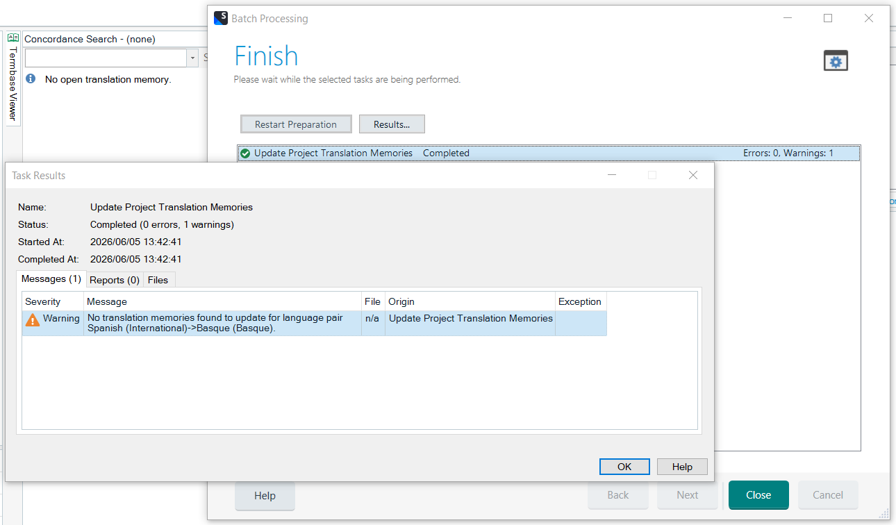 Batch Processing window showing 'Finish' with a warning: 'No translation memories found to update for language pair Spanish (International) -> Basque (Basque)'.
