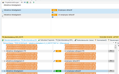 Screenshot of Trados Studio Editor showing segment 3 marked as a Context Match with two Translation Memory results: TM 1 with 'Employeur attractif' at 99% match and TM 2 with 'Un employeur attractif' also at 99% match.