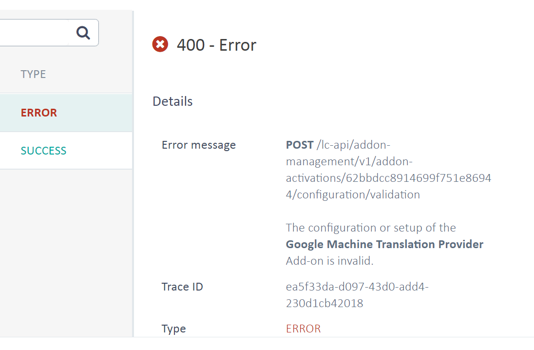 Error message screen showing a 400 Error with details indicating an invalid configuration for the Google Machine Translation Provider Add-on.