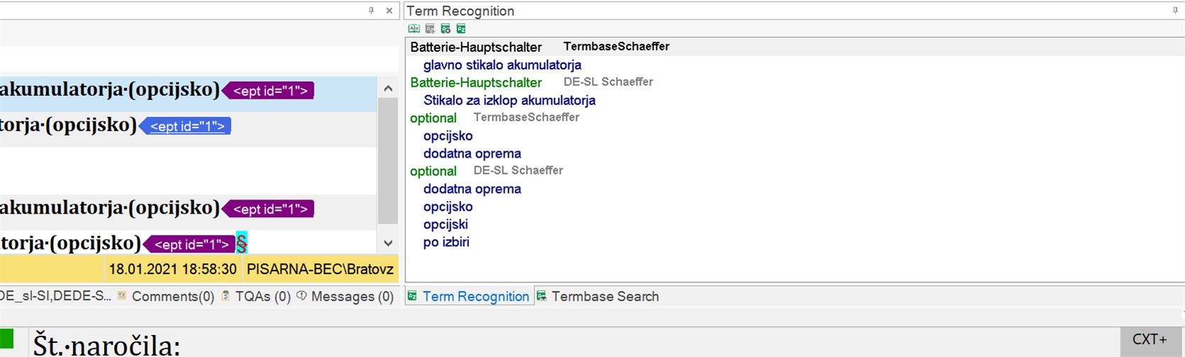 Screenshot of Trados Studio's Term Recognition window with very small font size, making the text hard to read. The window shows term matches from TermBaseSchaeffer.