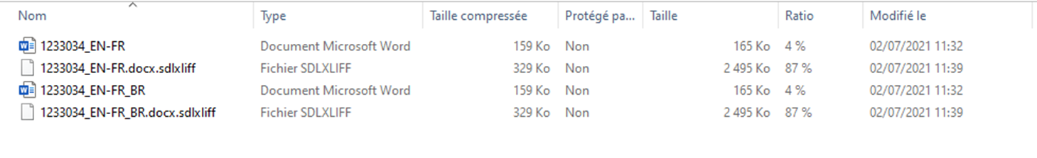 File explorer displaying Microsoft Word documents and sdlxliff files with correct icons, but greyed out icons for BR versions.