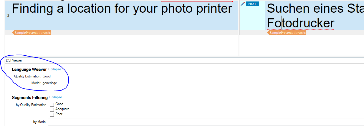 Screenshot of Trados Studio DSI Viewer showing a segment with a Language Weaver Quality Estimation of 'Good' and model 'genericqe'.