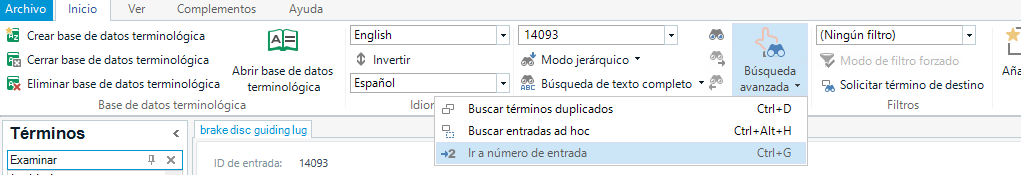 Trados Studio interface with the term 'brake disc guiding lug' and an entry ID search box highlighted.