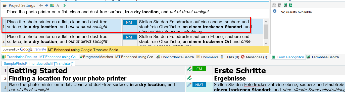 Trados Studio screenshot showing Project Settings with Google Translate selected as the first provider in Translation Memory and Automated Translation list.
