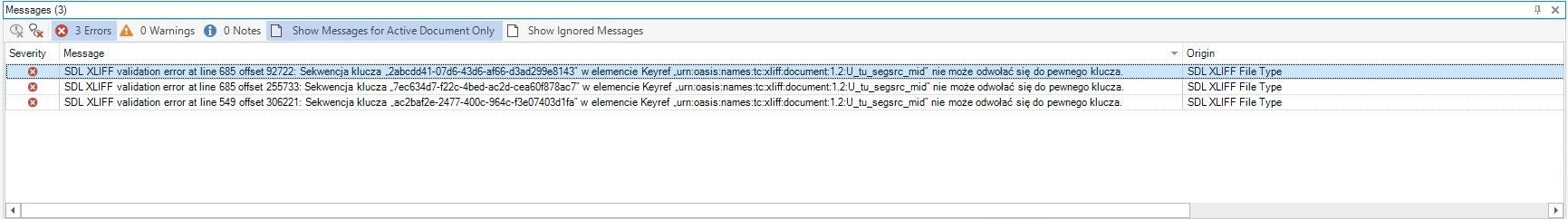 Trados Studio error message window showing 3 errors related to SDL XLIFF validation at different line offsets with parts of the message in Polish language.