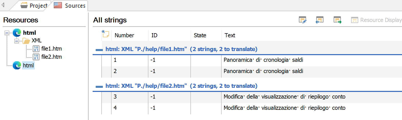 Screenshot showing the Resources panel with 'html' and 'XML' expanded, displaying file1.htm and file2.htm. The All strings table lists 4 strings with Italian text to translate.